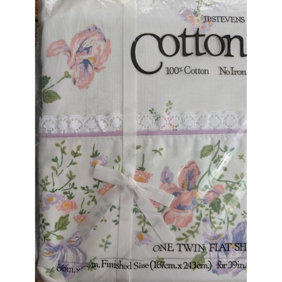 Vtg JP Stevens Cotton Cale Twin Flat Sheet Baby Iris White Purple Floral NOS - Picture 3 of 6